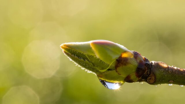 Extreme Close-Up of a Single Raindrop Suspended from a Budding Twig in Spring