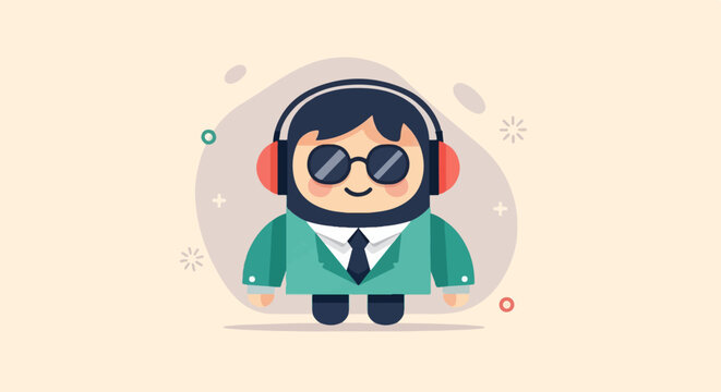 A smiling cartoon character with headphones and sunglasses wears a suit
