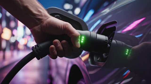 Hand connecting electric vehicle charging plug to car, modern power technology ignites green connection for sustainable urban transport and cleaner