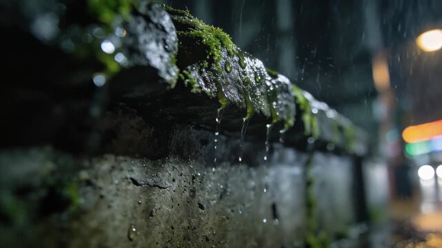 Cinematic Close-Up of Rain Rolling Off a Mossy Urban Stone Wall