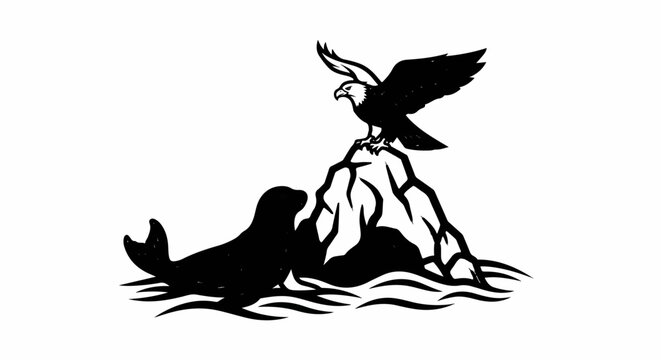 A seal sits by waves as an eagle perches on a rocky peak
