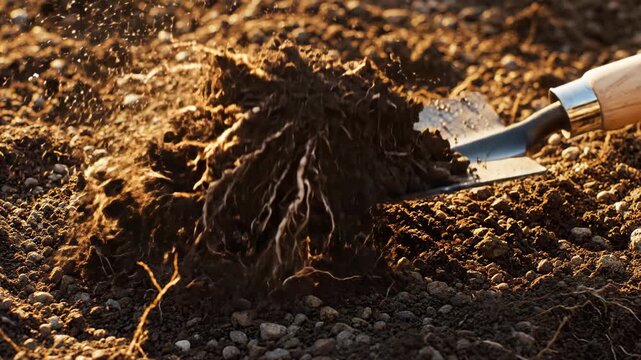 Gardening Trowel Works Rich Soil, Cultivating Earth For Planting. Digging Roots Fosters Plant Growth, Fulfilling Activity Promoting Joy In Nature