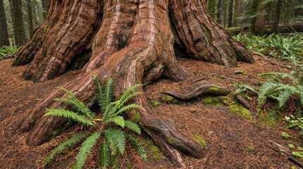 Obraz premium Majestic redwood tree base with lush ferns in serene forest setting capturing nature's grandeur and tranquility