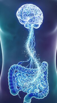 Gut brain axis human brain intestine colon stomach organ torso nerve pathway glowing neural network microbiome energy flow medical anatomy digestive system connection health science concept