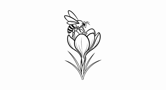 Black and white illustration of a bee collecting nectar from a crocus flower