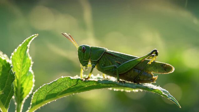 Close-up macro shot of a green grasshopper perched on a dew-kissed leaf in soft morning sunlight, symbolizing nature, growth, and the natural world.