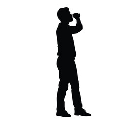 Obraz premium Young Man Silhouette Standing and Drinking from Aluminum Soda Can Side View Profile Refreshment Break Cold Drink and Beverage Lifestyle Concept Image