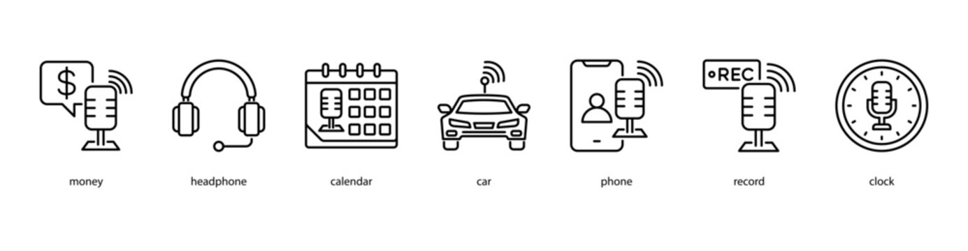 Podcast Essentials web banner icon vector illustration featuring money, headphone, calendar, car, phone, record, and clock for digital broadcasting and creative media.