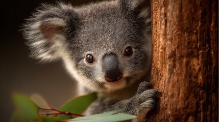 Fototapeta premium Koala peers out from a tree in a natural habitat during the day highlighting its curious nature and unique features