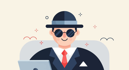 Obraz premium Cartoon man in suit, hat, and sunglasses with laptop