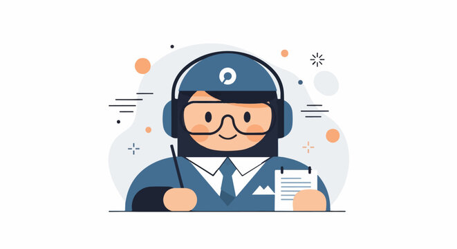 Cheerful cartoon character with headphones, glasses, and pen, holding notepad