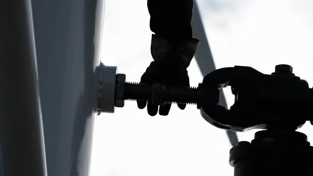 Silhouette hand operating industrial mechanism, valve pipe coupling joint connection. Connecting heavy components for focused, diligent