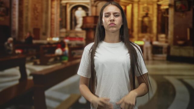 Teenage girl presses palms together in prayer gesture inside ornate building; solemn reflection and tension.