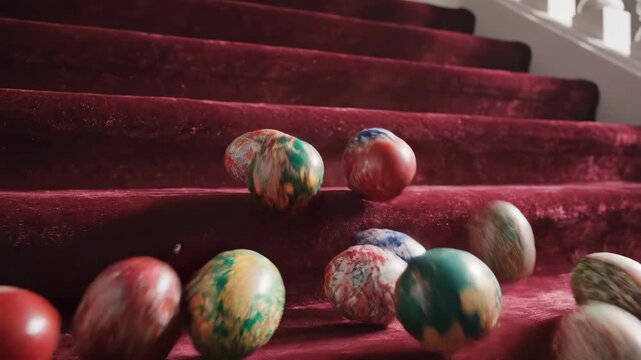 Joyful, vibrantly patterned Easter eggs playfully tumble down grand plush red carpeted staircase dynamic, chaotic, unexpected descent