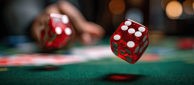 Two red dice mid-air above a green felt gambling table with a hand in background