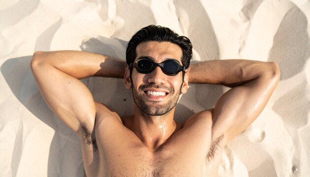 A handsome man sunbathing on the beach, smiling while wearing sunglasses