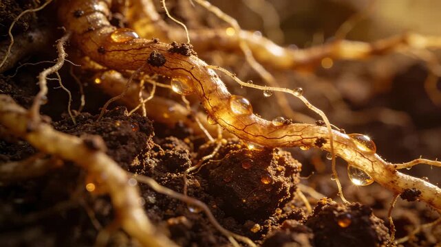 Intense Macro Exploration of Delicate Root Tendrils Intertwined with Warm Soil
