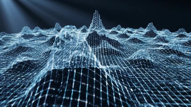 Dynamic blue digital landscape visualizes complex data, showcasing abstract wireframe terrain and futuristic network cyberspace