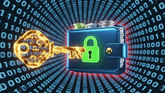 Digital illustration of a golden key unlocking a green padlock on a blue safe against a background of blue binary code.