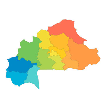 Burkina Faso political map of administrative divisions - regions. Rainbow spectrum colorful blank vector map.