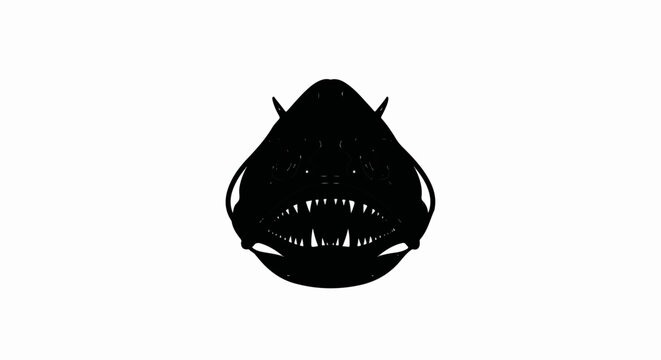 Black silhouette of a deep-sea fish with sharp teeth and glowing eyes