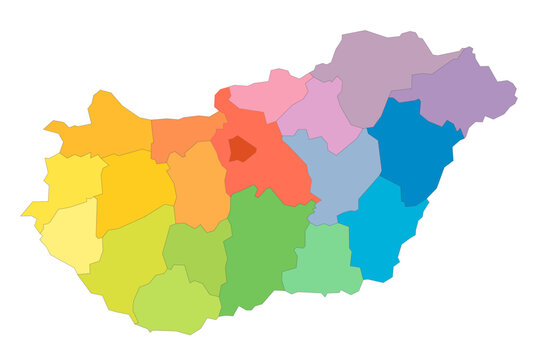Hungary political map of administrative divisions - counties and autonomous city of Budapest. Rainbow spectrum colorful blank vector map.