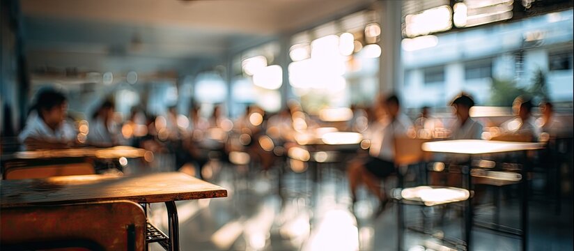Soft focus view of students at desks in a bright, sunlit classroom