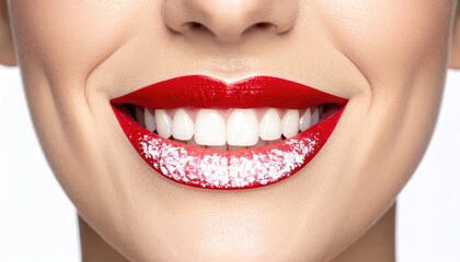 Naklejka premium Close-up of a smiling woman, red lipstick with glitter, showing bright white teeth