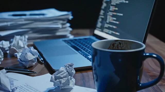 Messy Desk with Laptop and Coffee During Late Night Work Session