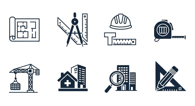 Construction and Architecture Icons Set - Blueprint, Tools, and Buildings.