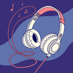 Fototapeta premium Retro headphones with music notes on abstract purple background