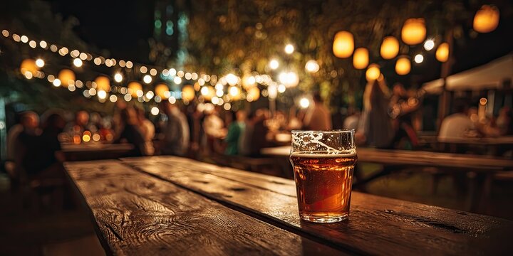 A pint of amber beer sits on a rustic wooden table at a lively outdoor night gathering