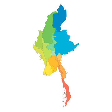 Myanmar political map of administrative divisions - states, regions and Naypyitaw Union Territory. Rainbow spectrum colorful blank vector map.
