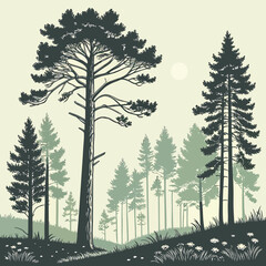 Pine forest landscape with sun silhouette with pine trees © Sharmin