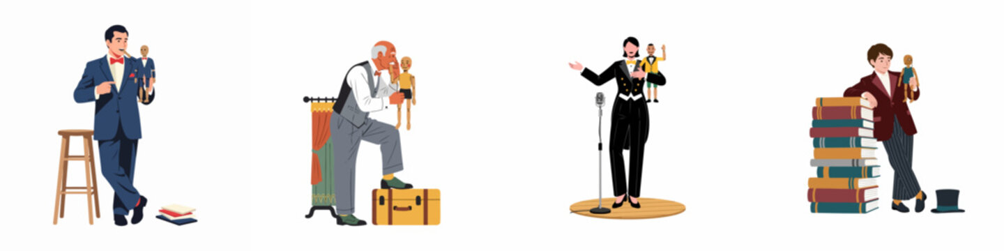 Flat vector illustrations of various ventriloquists featuring men, a woman, and a child performing with wooden puppets on a white background.