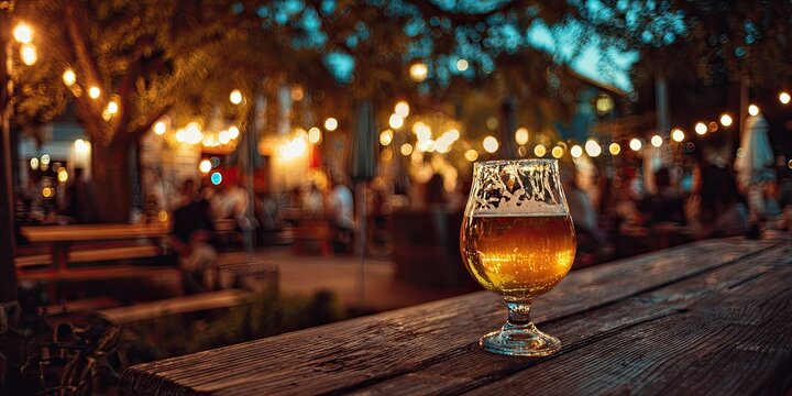 A glass of golden beer sits on a wooden table at an outdoor evening gathering
