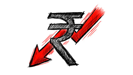Indian Rupee Symbol with Red Up and Down Arrows Sketch Illustration on Alpha Transparent Background, perfect for financial news, stock market analysis, and Indian economy concepts. © C Corner