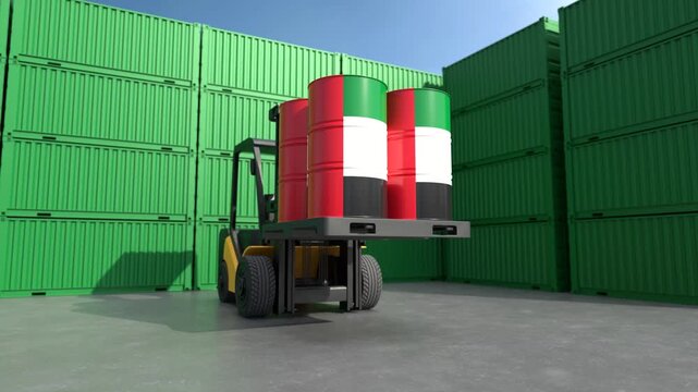 Oil trade and energy export from the United Arab Emirates with cargo containers. 3D Render
