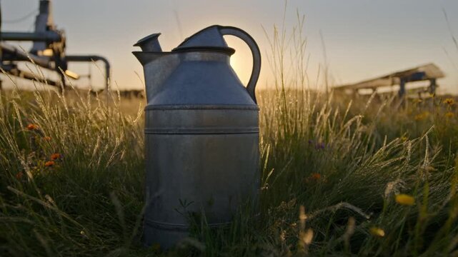 Traditional stainless steel milk can in dewy grass at golden sunrise, backlight, rim light, wildflowers, rustic dairy heritage. Concept for farm-fresh milk