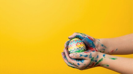 Child hands covered in paint holding decorated Easter egg. Colorful holiday craft on yellow background. Spring craft activity for kids