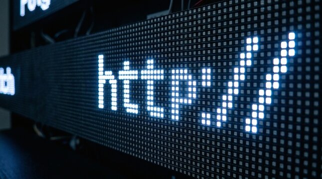 Glowing Data Stream LED Display of https with tech background.