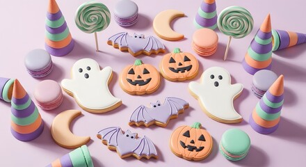 Obraz premium Halloween themed sugar cookies with ghosts pumpkins bats and candy decorations