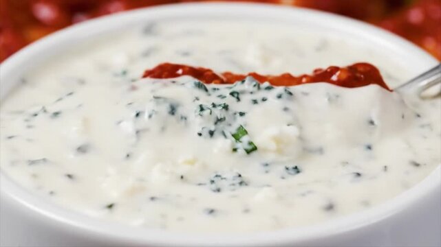 A bowl of creamy spinach and herbs ranch dressing with a spoon.