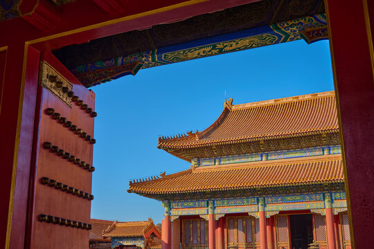 Forbidden City Palace Architecture Framed by Red Gate, Beijing
