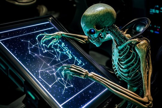 Alien skeleton creating luminous star charts in a futuristic spacecraft at night