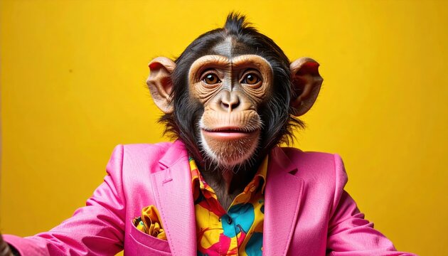 Pop Color Chimp Happy chimpanzee portrait wearing bright pink suit against vivid yellow background playful primate character close up studio image bold fashion humor