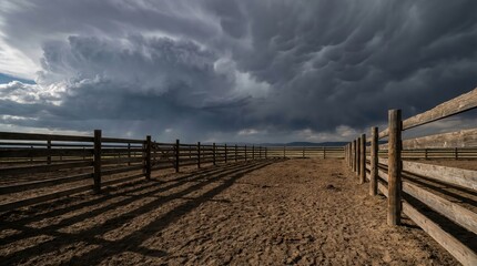 Dramatic storm clouds over deserted ranch corral with wooden fencing and shadow patterns under dark sky