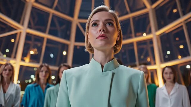 A confident woman in a mint green outfit stands at the forefront of a group of diverse women in a modern glass-enclosed building.