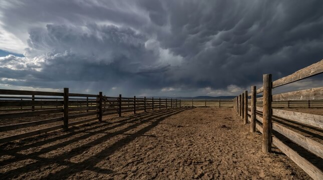 Dramatic storm clouds over deserted ranch corral with wooden fencing and shadow patterns under dark sky
