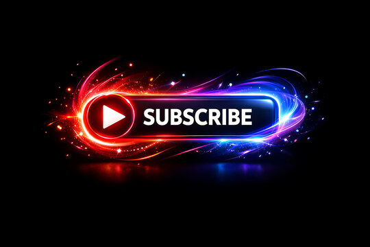 Vibrant subscribe button with play icon and colorful swirling lights on dark background